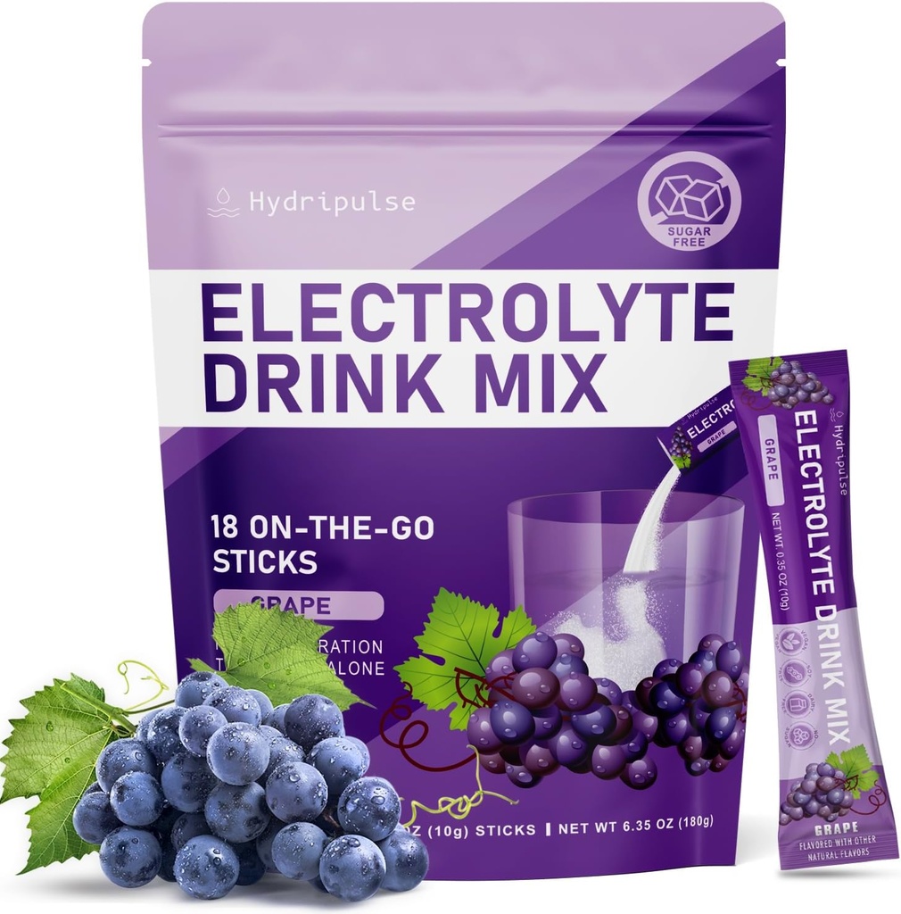 Elektrolitski paketi v prahu - brez sladkorja, naravno arome, 10 elektrolitov in vitaminov Elektrolitski alkohol Mix - grozdne arome, Keto prijazno, Vegan, Ne-GSO, 18 paketov