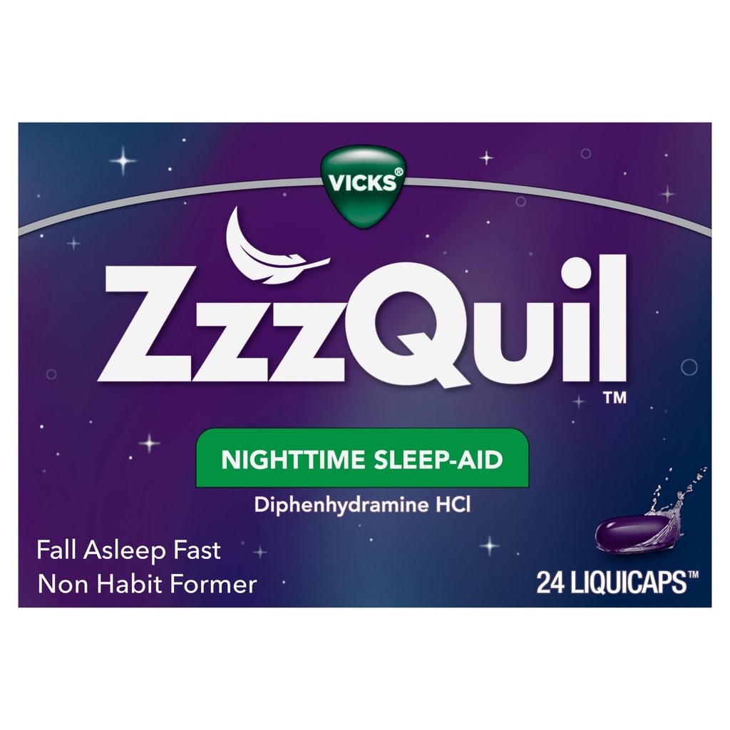 Vicks ZzzQuil, nočno pomoč za spanje LiquiCaps, 25 mg Difenhidramin HCl, št. 1 Blagovna znamka za spanje, nenavadna formacija, hitro spanje, 24 Število