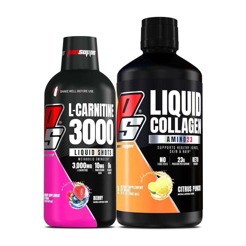 PROSUPPS L-karnitin 3000 brez Stimulanta tekoči streli (Berry) Amino23 Liquid Collagen Shots (Citrus Punch) paket
