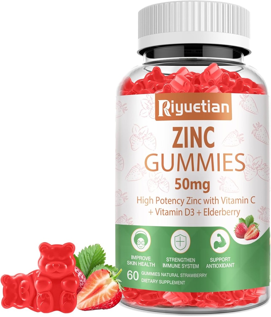 Cink Gumies - 50mg Cink visoke jakosti z vitaminom C + vitaminom D3 + Bezgovina - Imunska zdravstvena podpora - Vegan, Non-GMO in Gluten brezplačno - 60 Gummies