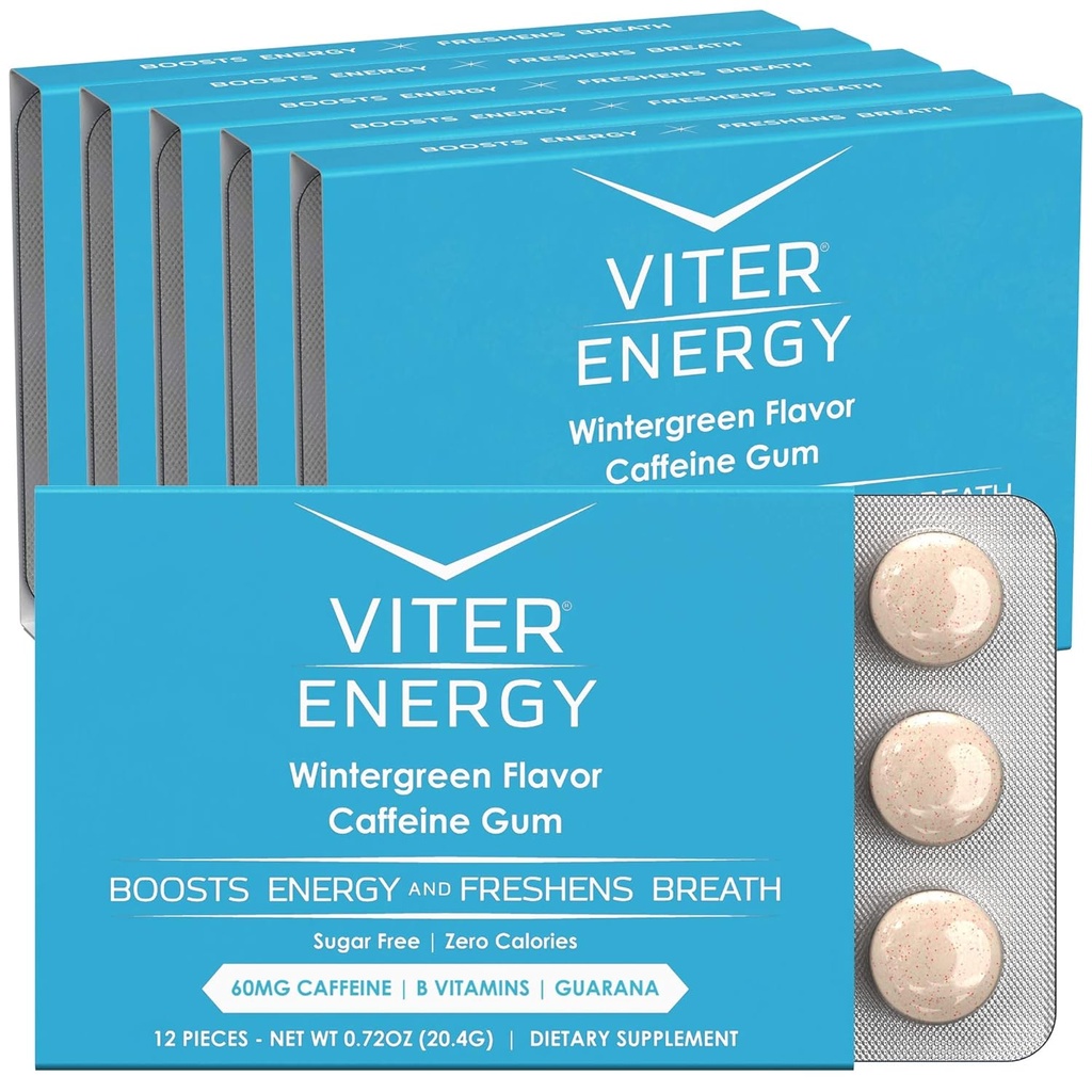 Viter Energy Kofeinirani gumi 60mg Kofein, B Vitamini, Guarana, Brez sladkorja. (Zimsko zelena, 12kos, 6 Pack)