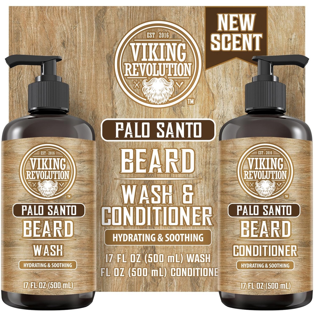 Viking Revolution Palo Santo Beard Wash and Beard Conditioner Garnitura z arganovim in jojobinim oljem - mehča in krepi - Natural Palo Santo Scent - Beard Shampoo z Ginseng Root Extract (17 oz)