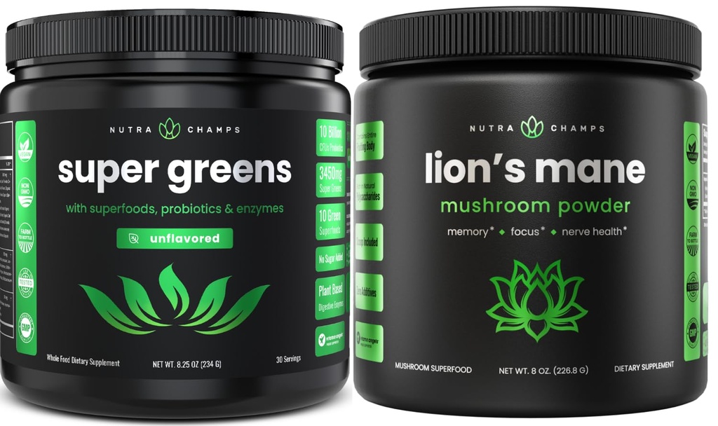 NutraChamps Super Green Unflavored & Lion's Mane Powder. Zelena & Adaptogen paket
