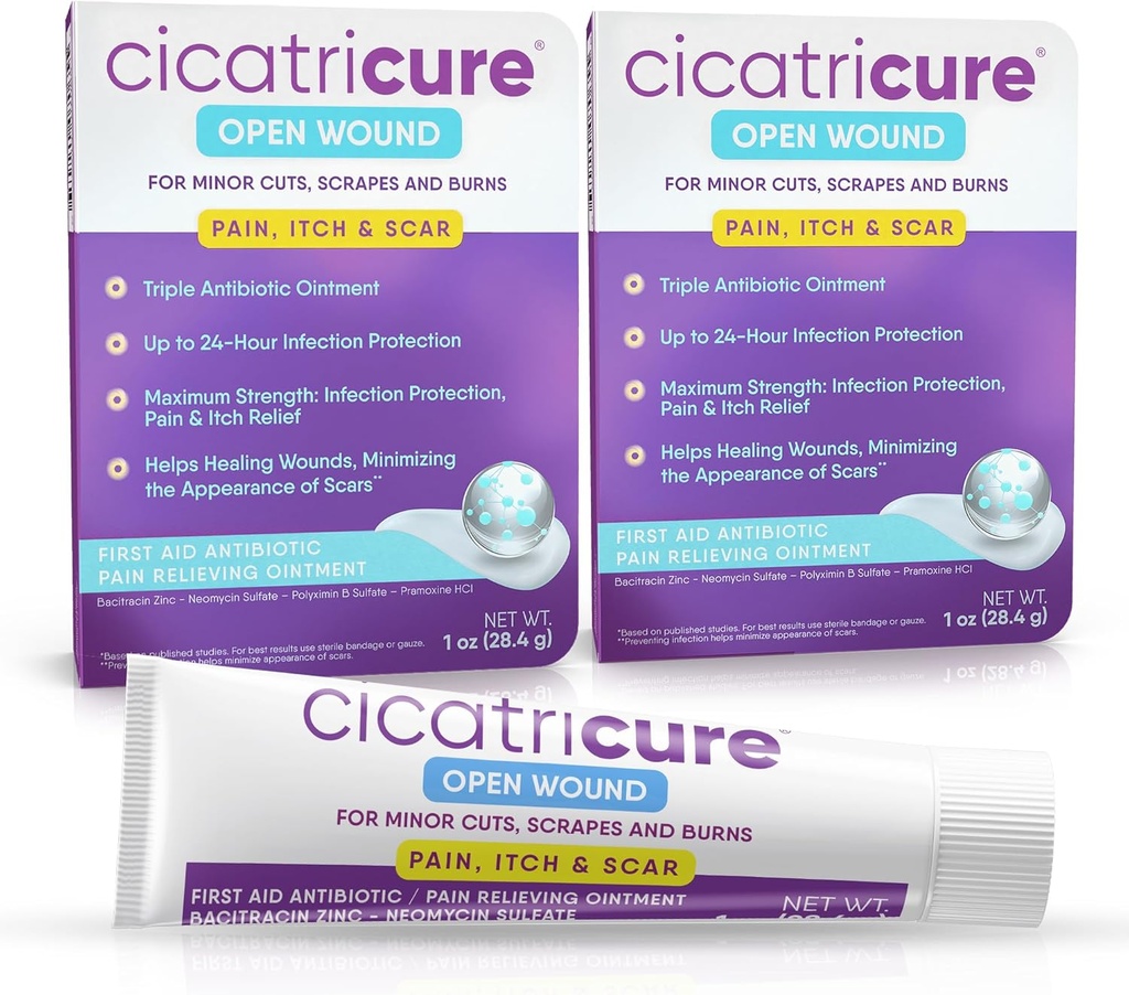 Cicatricure Triple Antibiotic Mazilo z lajšanjem bolečine, Bacitracin Antibiotic Mazilo in krema za nego ran, Zdravljenje mazilo za reze, opekline, Insect ugrizi, Prva pomoč potrebščine bistvenega pomena, 1 oz