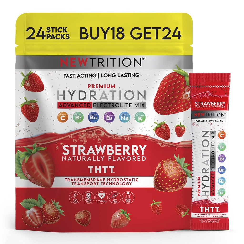 Hidracija v prahu, jagodni paket s 24 Electrolyte Powder Packets, naravno aromo Hydrating Packets za vodo, hitro delujoči Hidrat Elektroliti z vitamini B&C, energijo in okrevanje