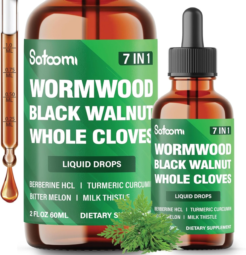 Satoomi 7in1 Tekoče kapljice iz Wormwooda s črnim oreščkom, celimi kloni, Berberine, Milk Thistle, Grenko melon in kurkuma - 60ml za 60 dni
