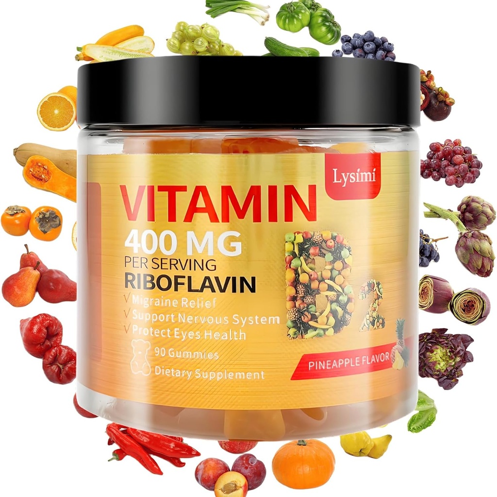 Vitamin B2 Gumies, Vitamin B2 Riboflavin Gumies 400mg, Migrena Relief & Glavobol Relief Riboflavin Vitamin B2 Gumies, Soy & Gluten-free, 90 Vitamin Gumies za otroke in odrasle