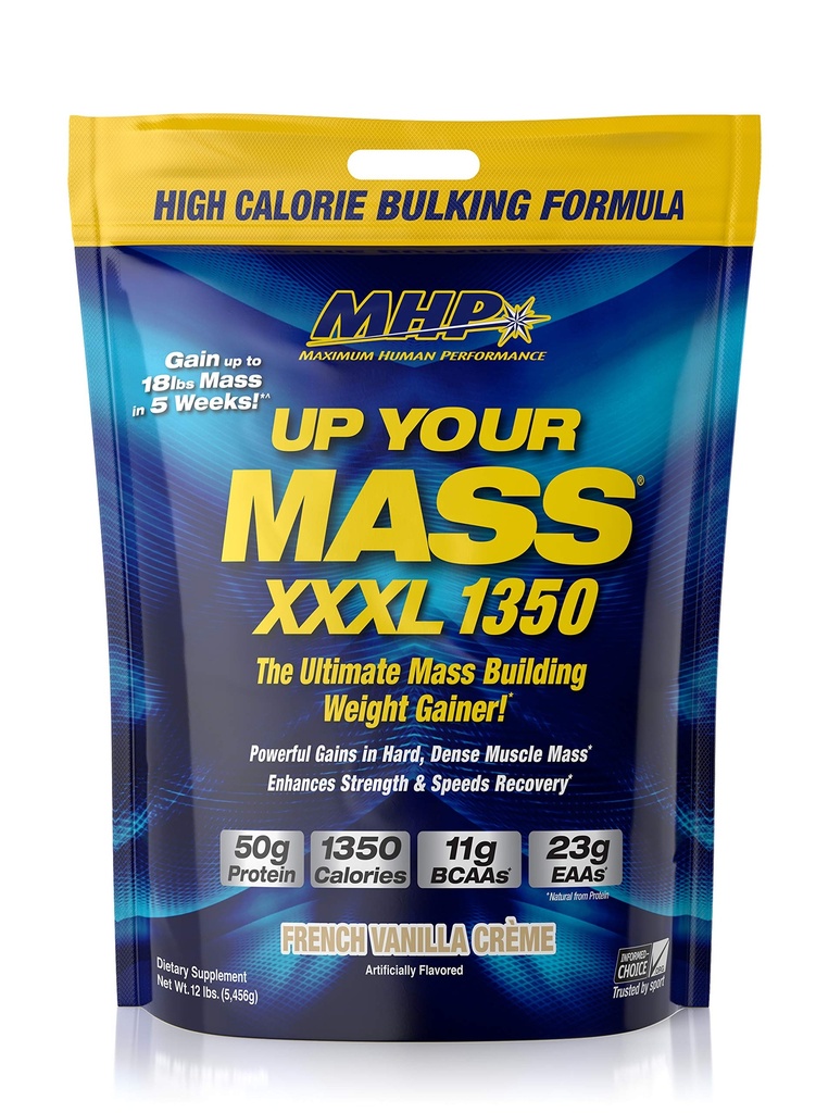 Največja zmogljivost človeka MHP UYM XXXL 1350 Mass building Gainer, Muscle Mass Gains, w/50g proteini, Visoke kalorije, 11g BCAA, Leucin, Francoska Vanilla Creme, 16 Servings