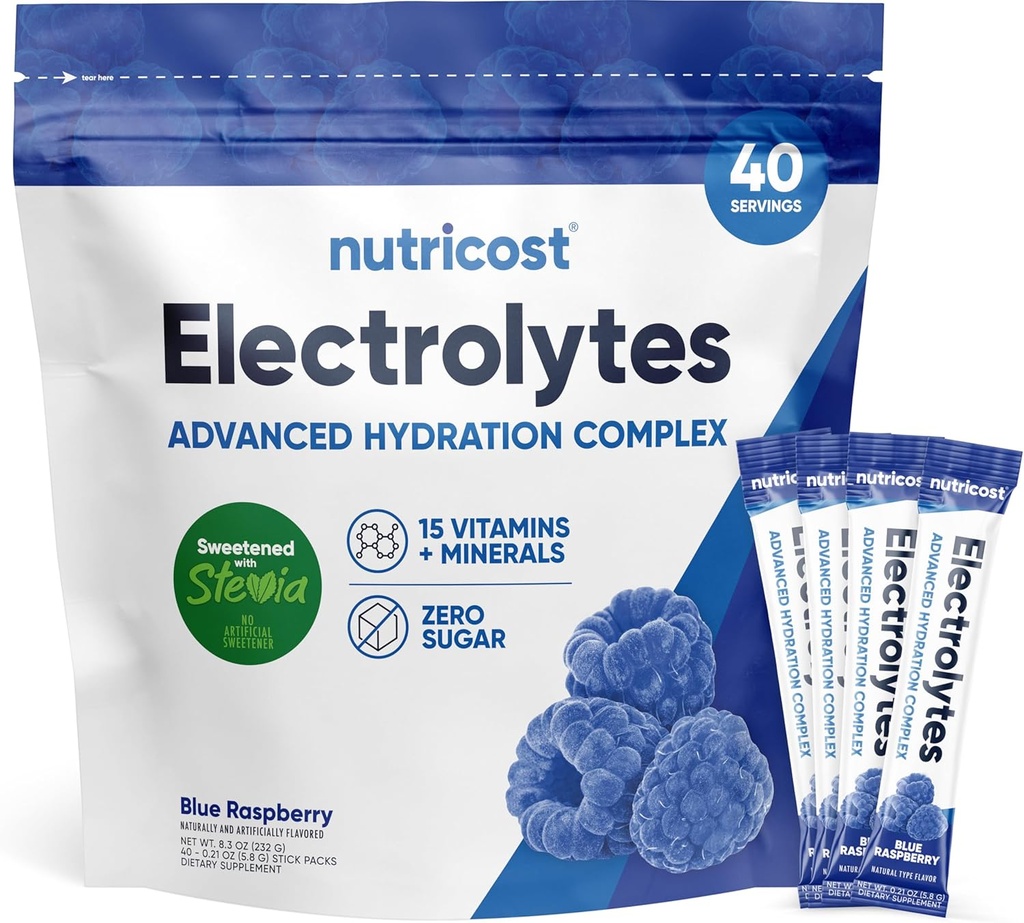 Nutricost Elektroliti Powder Hydration Packets (modra malina, 40 Serving) Nizka Calorie Keto Elektroliti sladkani s Stevia - Non-GMO, Gluten brez sladkorja in sladkorja
