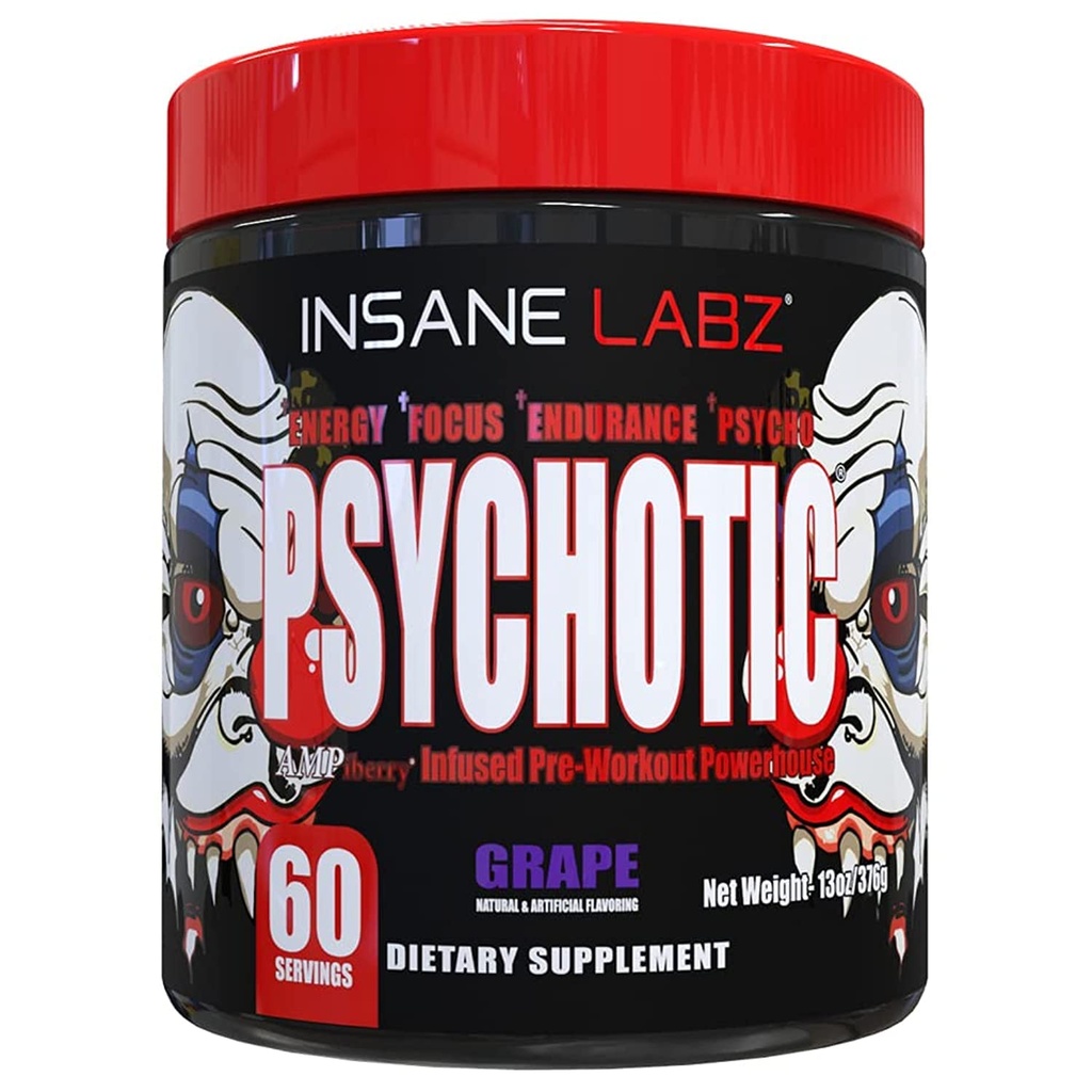 Insane Labz Psihotik, visoko stimulant pred vadbo prahu, ekstremna trajna energija, fokus in vzdržljivost z beta alanin, kreatin monohidrat, DMAE, 60 Srvgs, Grozdje