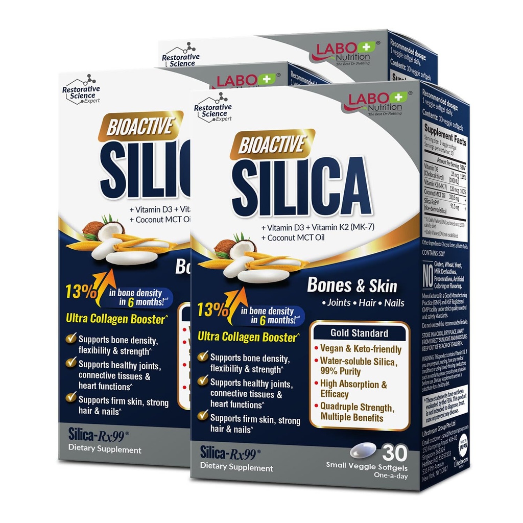 LABO Nutrition Bioactive Silica – Za lase, kožo, nohte, kolagen formacijo, Joint & Bones Moč – Podpora zdravje kosti in kolagen ojačevalec– 99% Čistost Rice-Drived Silica dodatek, 30 Vegan Softgel