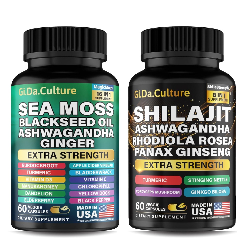 Shilajit in Sea Moss Combo - Sea Moss in Shilajit Bundle z Ashwagandha, Črno seme, Kurkuma, Bladderwrack, Burdock, Black Pepper z vitamini in antioksidanti - 120 Veggie kapsule