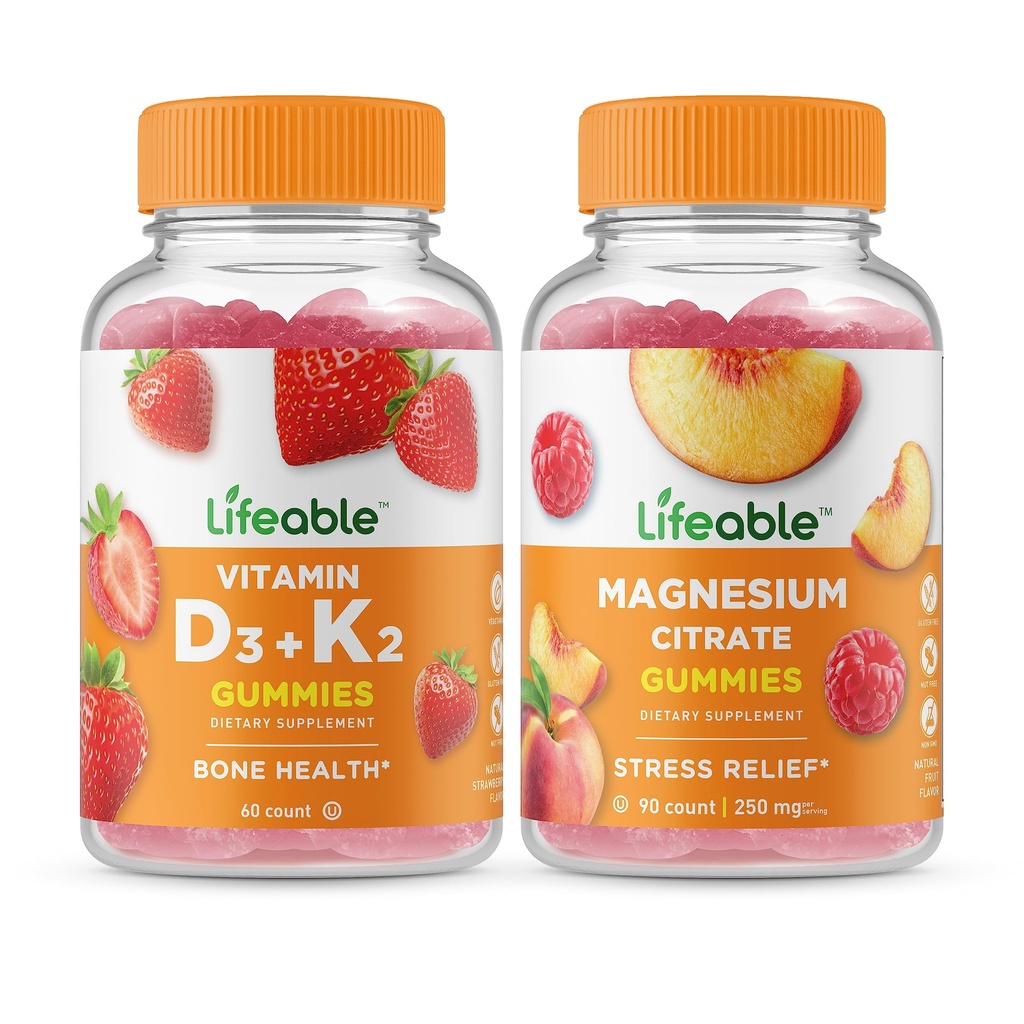 Življenjski Vitamin D3 + Vitamin K2 + Magnezij 85mg, Gummies Bundle - odličen okus, Vitamin dopolnilo, Gluten brezplačno, GSO brezplačno, Žvečljivi Gummy