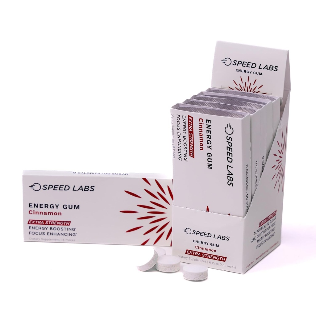 Speed Labs Cimet Dodatna moč Kofein Žvečilni gumi 50mg Kofein, Tavrin, & B Vitamini na kos, 48 kosov (6 pakiranj po 8 kosov) Sladkor brez sladkorja, Zero Calorie, Brez Aspartam, Gluten prost