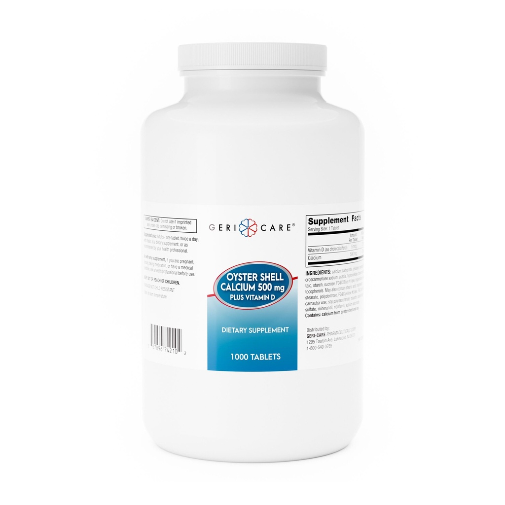 GeriCare Oyster Shell kalcij 500mg + vitamin D, zdravje kosti, prehranska dopolnila tablete, 1000 Število (Pack od 1)