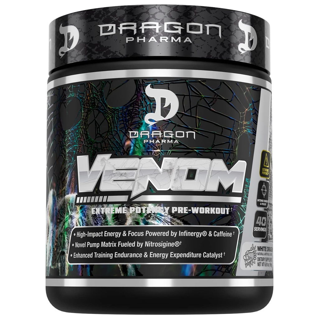 DRAGON PHARMA Venom Ekstremna moč pred treningom, Laser Sharp Focus + Energija, intenzivna zmogljivost, Promon Sestavine za izboljšano vazodilatacijo in vzdržljivost (40 Strežaji, Beli zmaj)