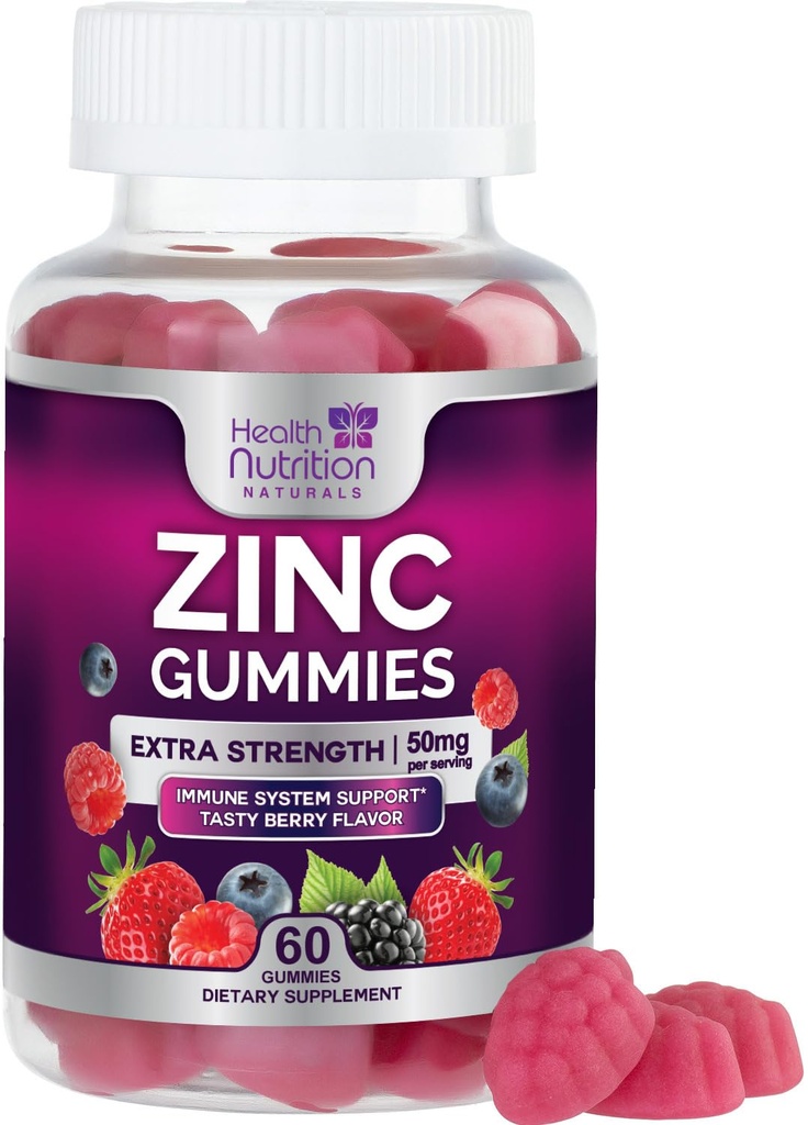 Cink dopolnila 50mg Gummies - Max Strength Skin Health & Imunska podpora Gummy, Vegan, Non-GMO & Gluten Free - Najboljši Cinkov dodatek Antioksidant & zdravje kosti Žvečilni okus Berry Flavor - 60 Gummies