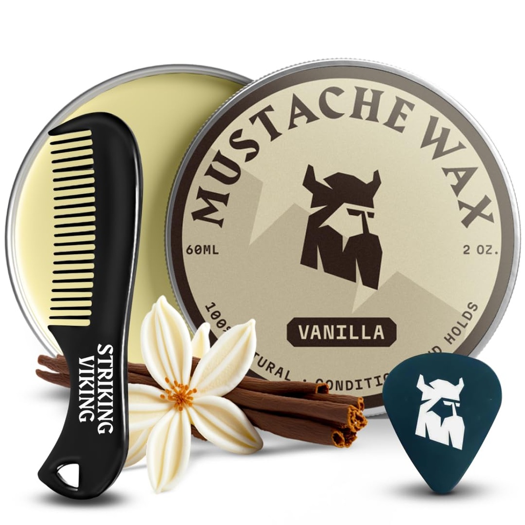 Krepke Viking Mustache Wax & Comb Kit - 2 oz, Vanilla - Popolni Mustache Grooming Kit za moške - Strong-Hold Stiling & Wax Strong Hold - Žepka-Sized Precision & Styling Comb