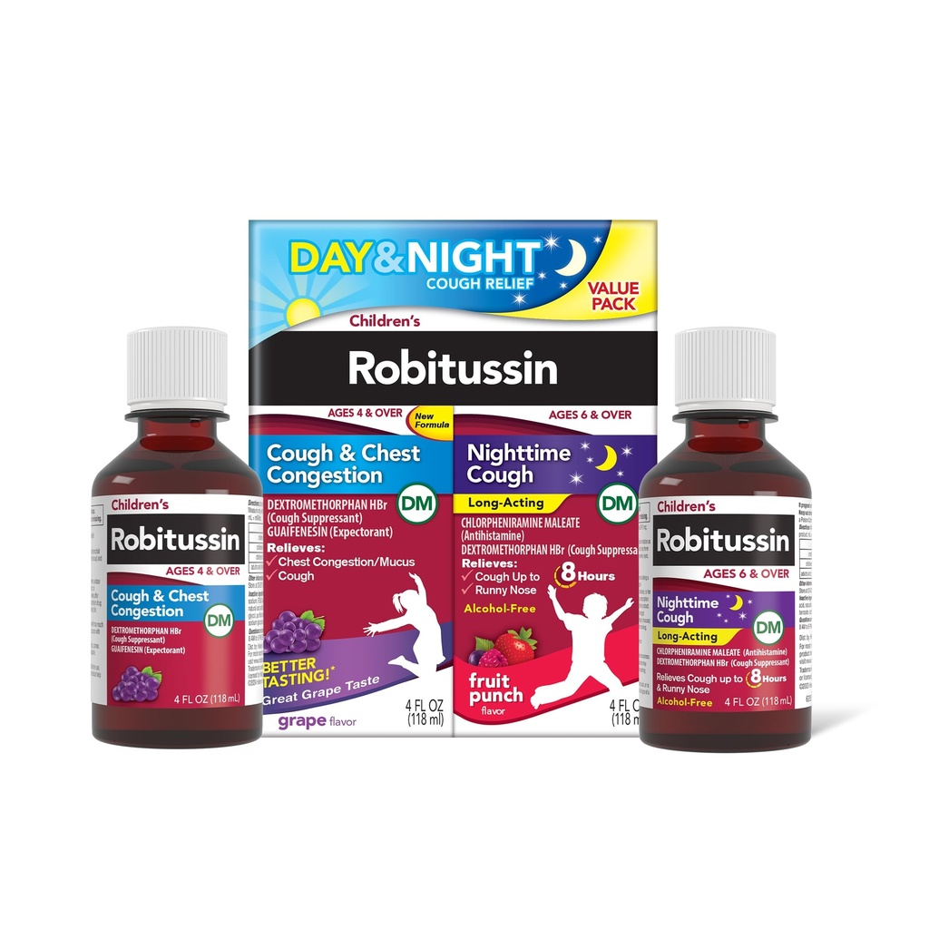 Otroški robitusin DM dan in noč Kašelj Relief vrednost paket, Kašelj Medicine, Grozdje/Fruit Punch Flavor - 4 Fl Oz x 2