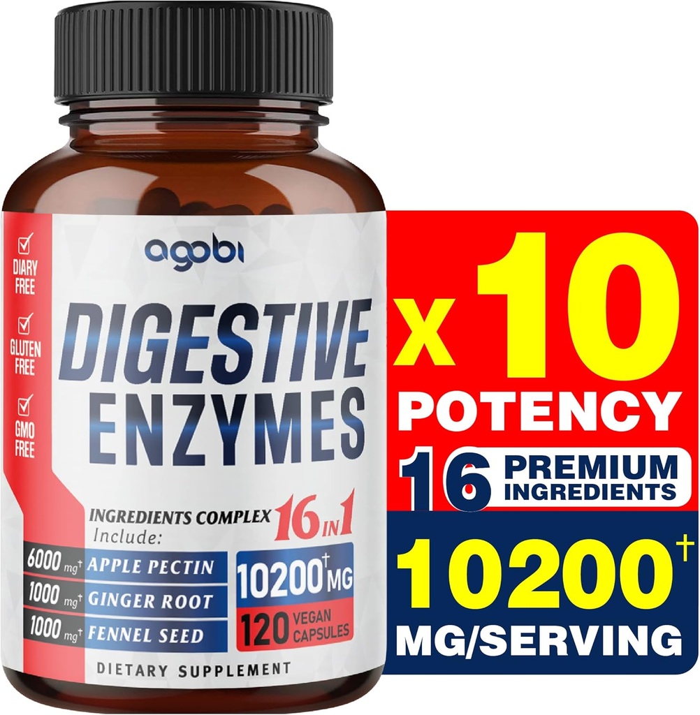 agobi 10200 Mg Prebavne encime s prebiotičnim za prebavo, Imunsko in telesno podporo - 16 v1 z jabolko pektin, ingver koren, Prebiotični sistem & več - 120 Kapsule za 2 meseca
