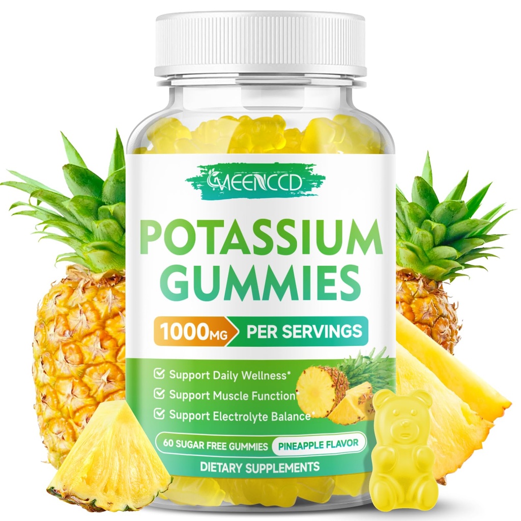 Kalijev citrat Gumijev 1000mg, Visoko moč Kalijev dodatek Gumijev za odrasle ženske in moške, podpora noge Cramps in mišično zdravje, sladkor brez, Ananas Flavor, 60 Število
