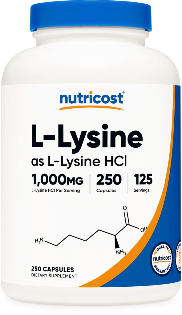 Nutricost L-Lysine 1000 mg, 250 kapsul - 500 mg na kapico, brez glutena, brez GMO
