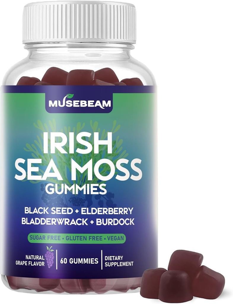 Irish Sea Moss Gumies - s črnim semenom Elderberry Bladderwrack Burdock Kurkuma Omega-3 Vitamini C D3 Cink - Seamoss Dodatki za odrasle moške - Sladkor brez glutena vegan