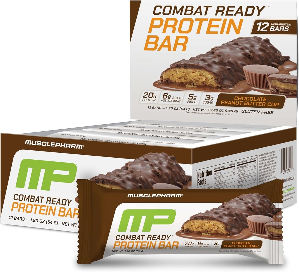 MusclePharm Combat Sport Bar, čokoladni Peanut Butter Cup, visoke proteinske palice, bojne lovke, zmogljivost goriva in zadovoljitev potreb po energiji, 20g beljakovin iz sirotkinih beljakovin, 5g vlaknin, brez glutena, 12 barov