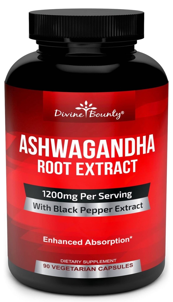 Divine Bounty Ashwagandha Capsules - 1200mg Ashwagandha Powder with Black Pepper for Enhanced Absorption - Ashwaganda Supplement for Calmness & Mood Support - 90 Veggie Capsules