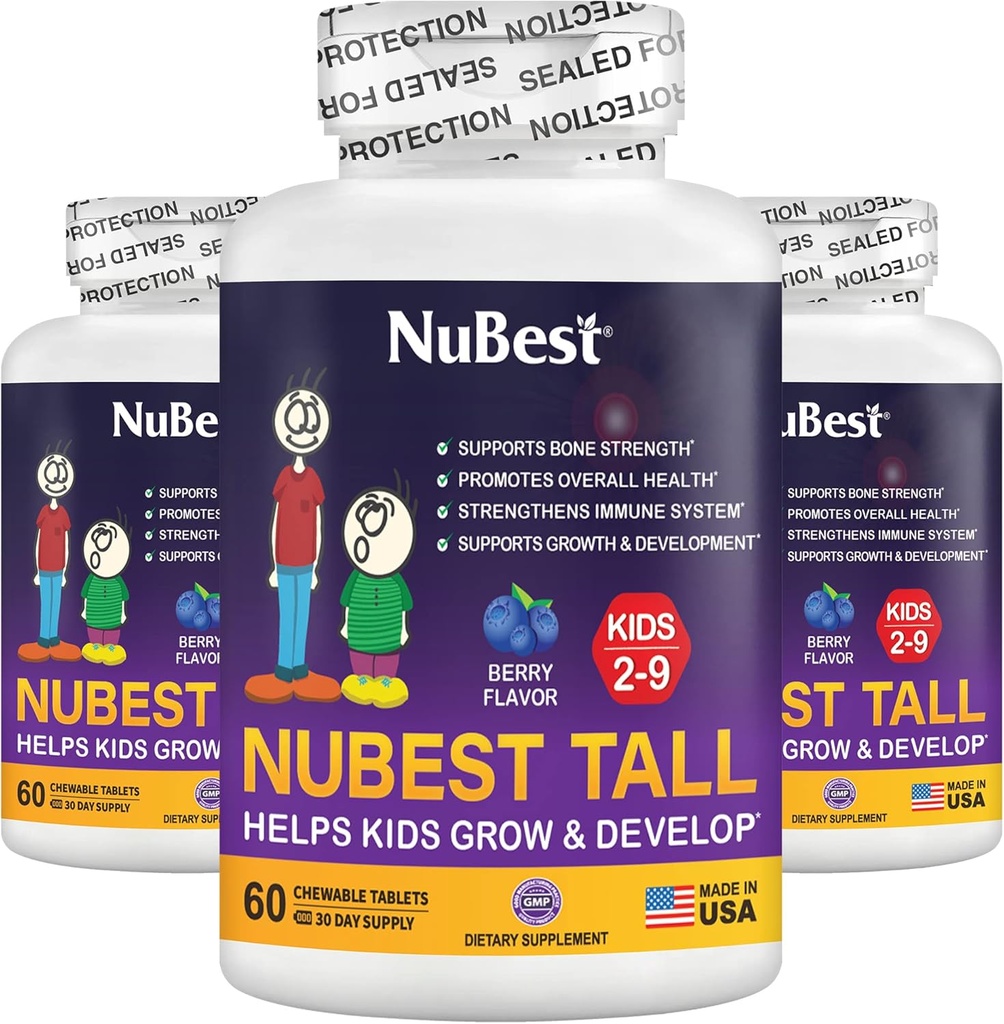 NuBest Tall Kids - Multivitamini in minerali za starost 2 do 9 - Podpora za kosti in imuniteto - pomaga otrokom, malčki Zdravi - živalske oblike - 180 Žvečljive Berry tablete 