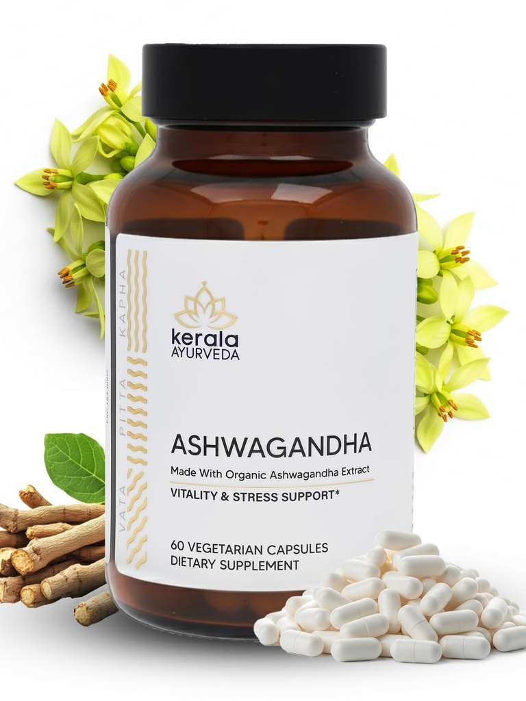 Kapsula Kerala Ayurveda Ashwagandha za boljšo imuniteto, razbremenitev stresa in dobro spanje 