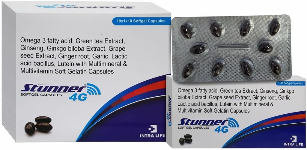 STUNNER-4G SOFTGEL CAPS inseng ekstrakt prašek 42,5mg + pšenično olje 25mg + Citrus Bioflavonoidi 20mg + izvleček grozdnega semena 15mg + naravni mešani karotenoidi (10% disperzija)11.33mg + izvleček zelenega čaja