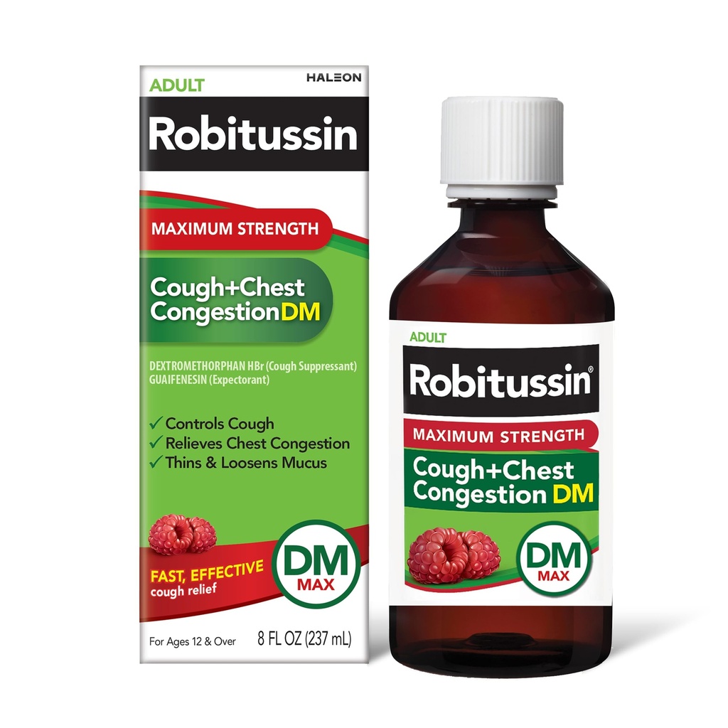 Robitusin odrasli Največja moč kašelj + Chest Congestion DM Max (8 fl. oz. steklenica), Cough Supressant & Pričakovano, Raspberry Flavor