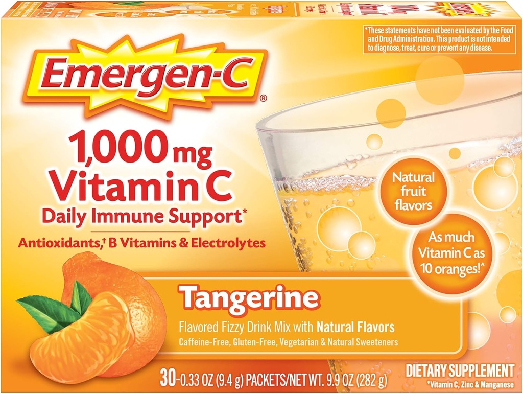 Emergen-C 1000mg Vitamin C Powder, z antioksidanti, B vitamini in elektroliti, Vitamin C Dodatki za imuno podporo, Kofein Prost Fizzy Drink Mix, Tangerine aroma - 30 Count