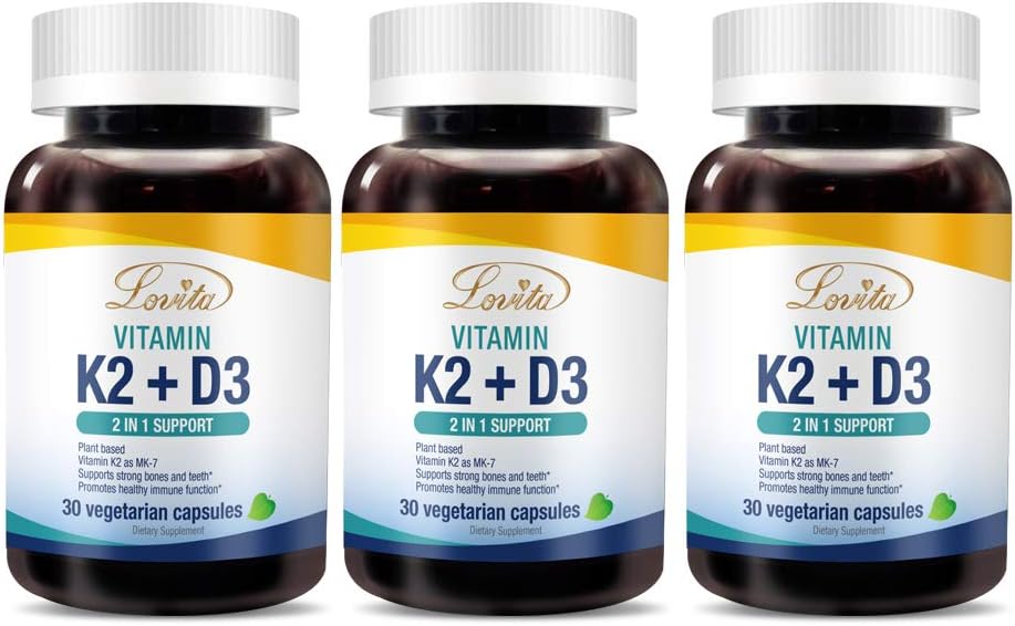 Lovita Vitamin K2 + D3, 400 i.e. Vegan Vitamin D3 & 120 μg Vitamin K2 (MK-7), 2 v 1 Formuli, Imunski vitamin kompleks, podpira vaše srce, zobje in imunske funkcije, 30 vegetarijanskih kapsul (Pack po 3)