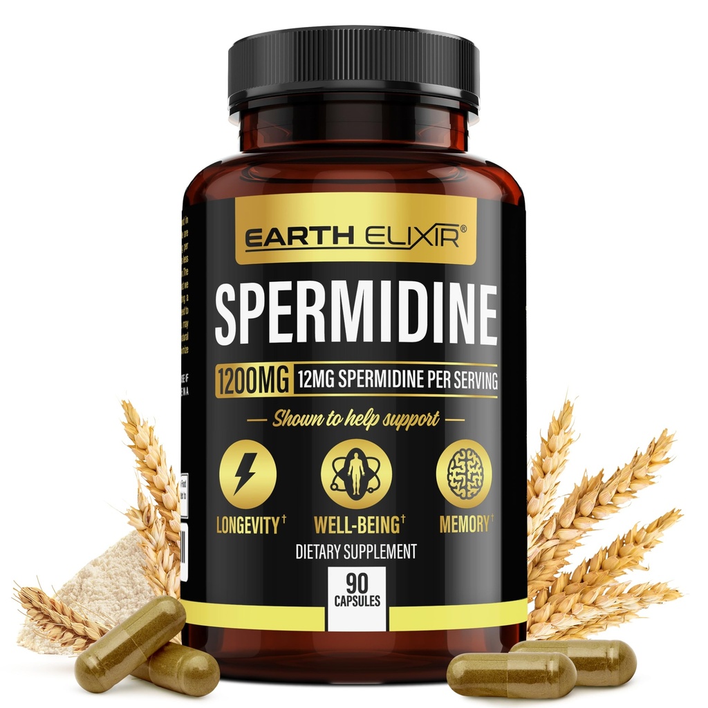 Earth Elixir Spermidin dopolnila 1200 mg (90 kapsul) – Anti aging - 3. stranka Tested (12 mg spermidin v prahu) Največja čistost - 100% Pure espermidina- Fermentirani ekstrakt žitnih kalčkov - NMN Druga možnost