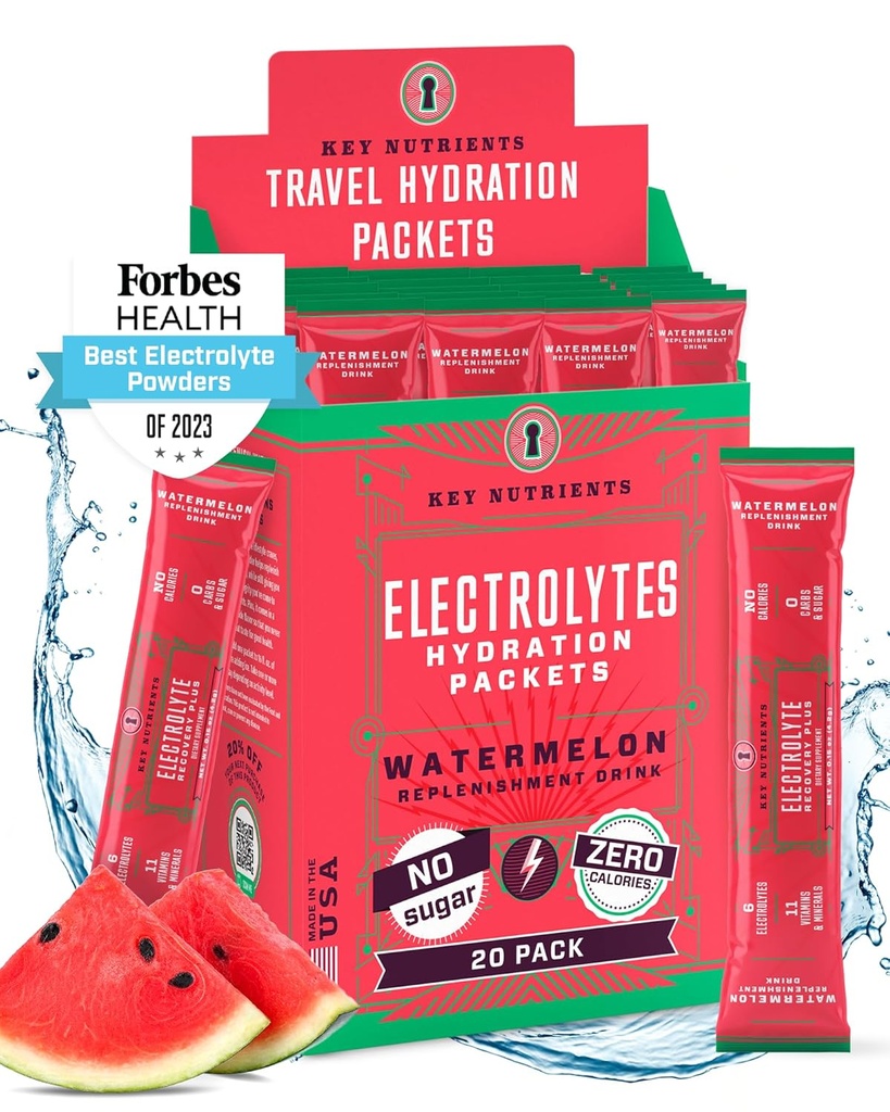 KLJUČNI HRANILCI Elektrolitski paketi v prahu - osvežitev lubenice 20 Pack Hydration Pack - potovalna hidracija v prahu - Brez sladkorja, brez kalorij, Gluten brezplačno - Izdelano v ZDA