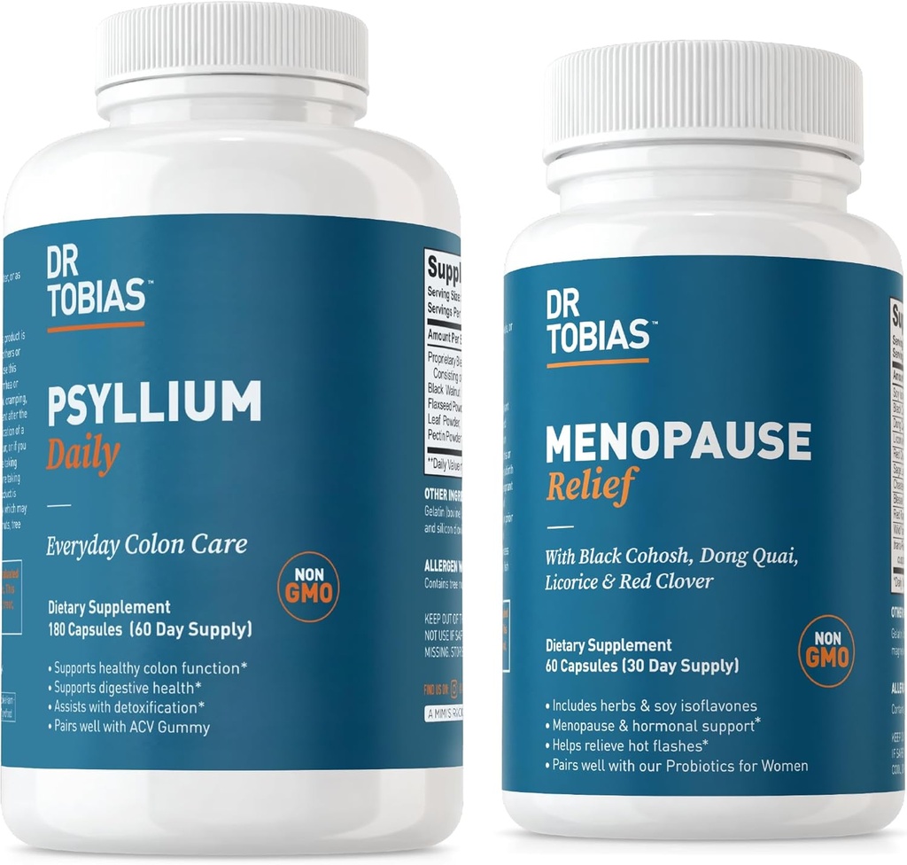 Dr. Tobias Menopause Relief in Psylium Daily - podpira hormonsko ravnovesje in prebavne zdravstvene težave, ne-GMO