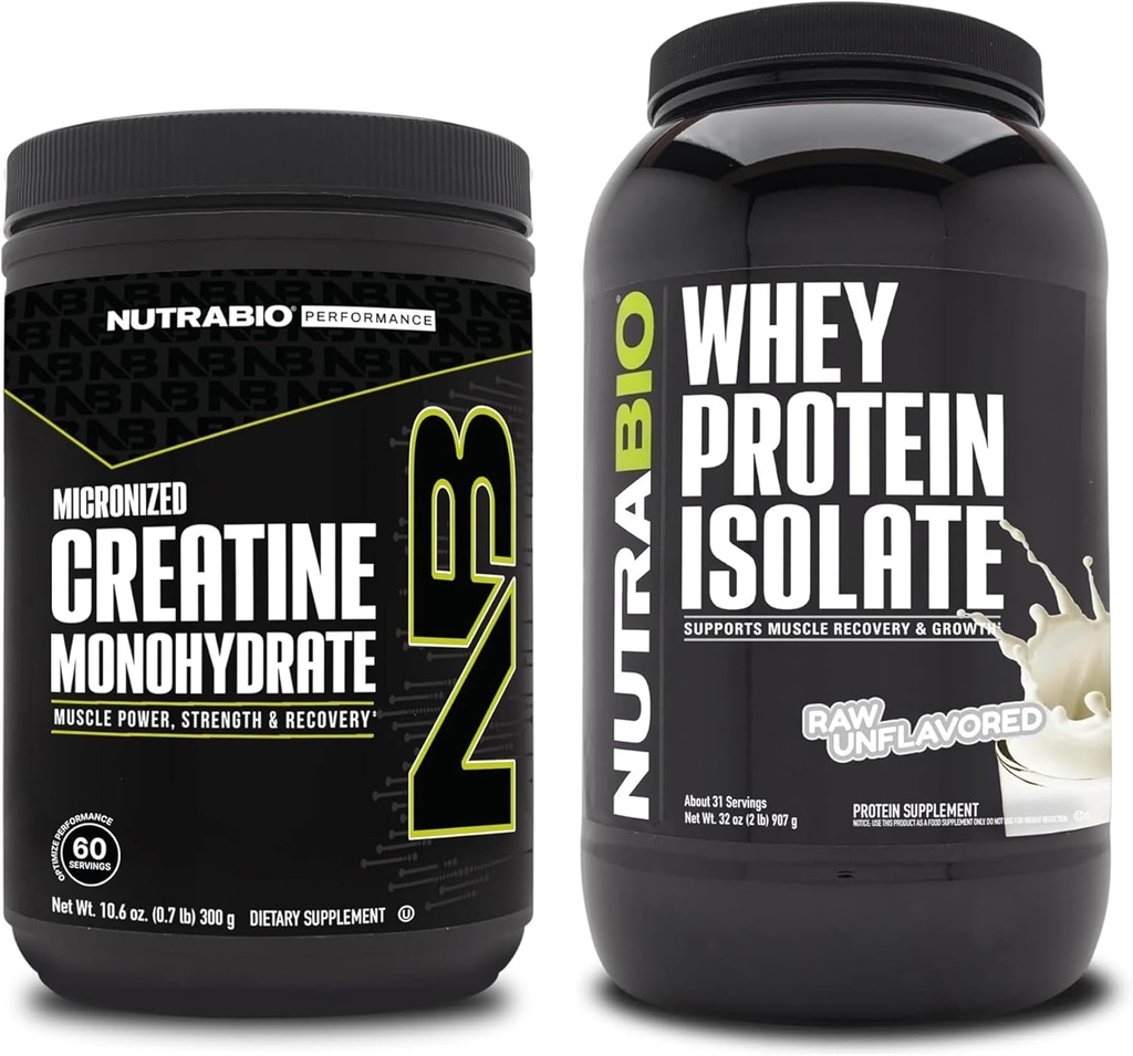 NutraBio Kreatin Monohidrat, nearomatiziran, 300g in sirotkin izolat, nearomatiziran, dopolnilni paket - mišična energija, rast, okrevanje mišic in moč