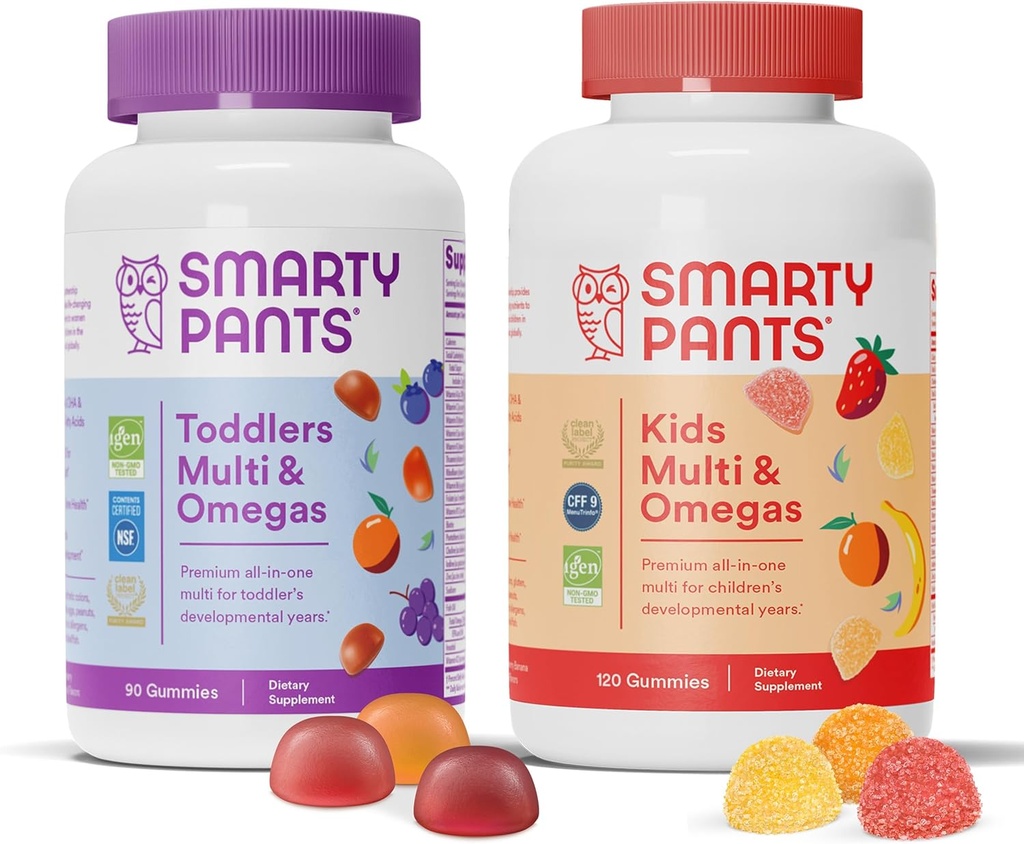 SmartyPants Toddler in otroci multivitaminski gumijasti paket: Omega 3 ribje olje (EPA/DHA), vitamin D3, C, vitamin B12, B6, A, K & cink, biotin, gluten brez, tri sadne arome (30 dnevna dobava)