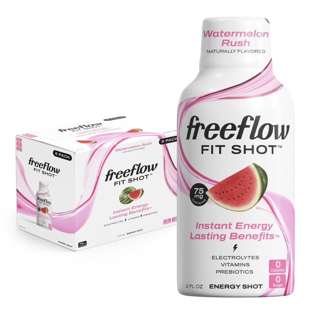 Freeflow Fit Energy Shots, Watermelon Rush, Naravni kofein Boost z L-teanin, Ginseng, Vitamini, Prebiotiki, Elektroliti (6 Count, 2oz Shots)