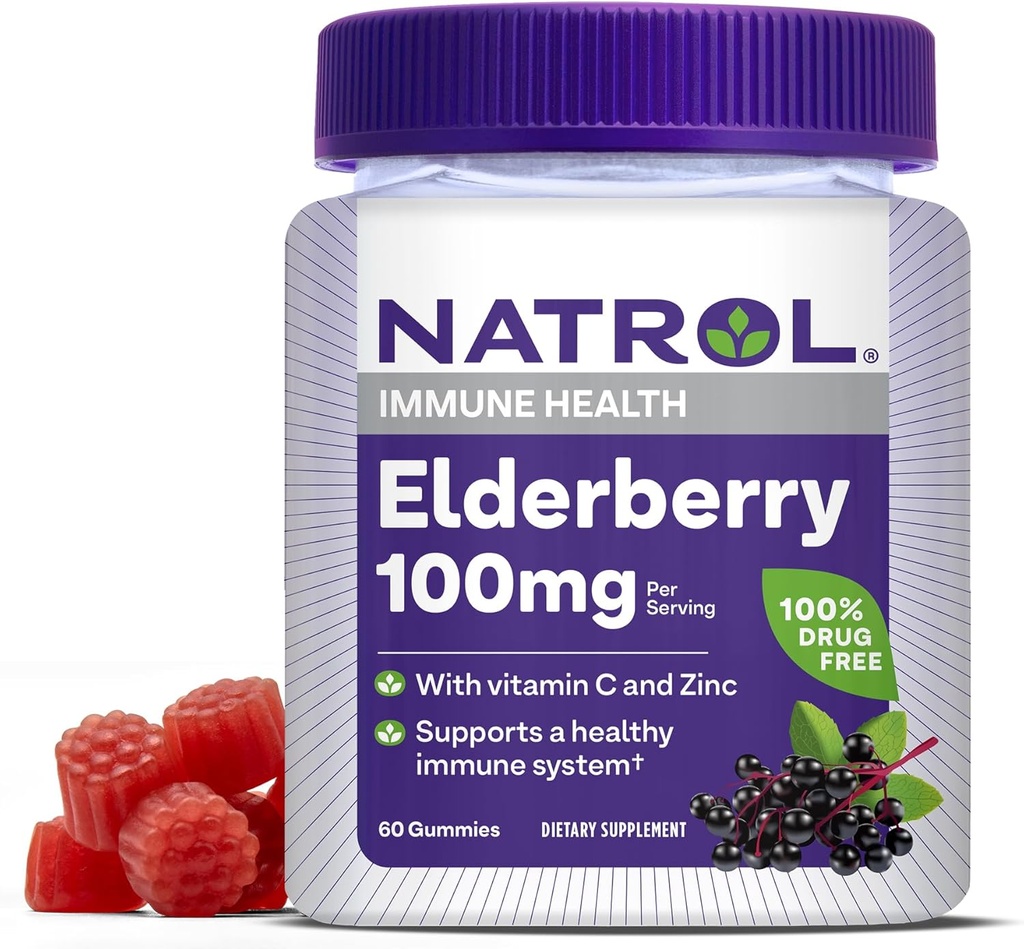 Natrol Elderberry 100mg Gummies za podporo imunskega zdravja, 60 Berry-Flavored Gummies, 30 dan dobave