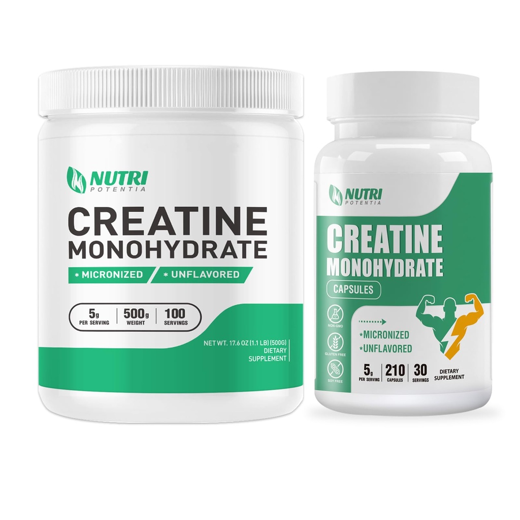 Kreatin monohidrat v prahu 500 Grams & Kreatin kapsule, čisti mikronizirani kreatin dopolnila za gradbene mišice, pred in po treningu kreatin v prahu, ne- GMO, nearomatiziran