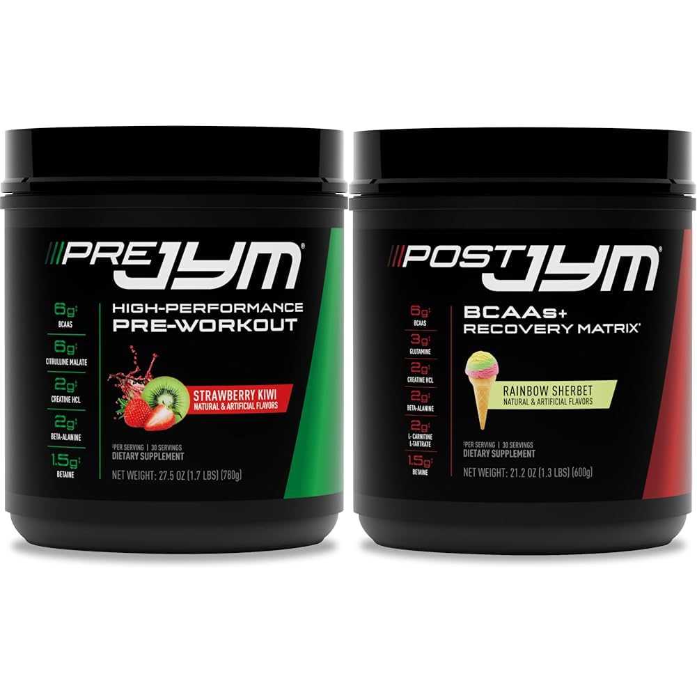 JYM Supplement Science PRE JYM 30 Servings - Strawberry Kiwi & - Post-World with BCAA's, Glutamin, Creatine HCL, Beta-Alanin, in More Rainbow Sherbert Flavor, 30 Servings, 21.2 oz.