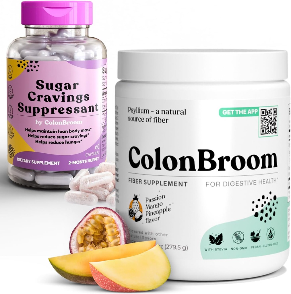 ColonBroom Psyllium Husk Powder Sugar Craving Suppresant - Chromium Picolinate 200mcg, 2 Izdelki - Colon Cleanser Fiber Dodatek (50 Serving) + Sladkor Craving Supresant (60 Serving)