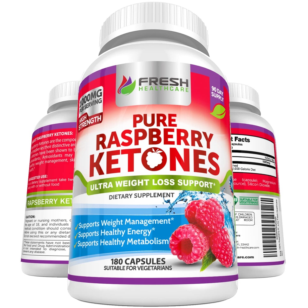SVEŽA ZDRAVSTVENA CARE Pure 100% Raspberry Ketones Max 1000mg na postrežbo - 3 Mesec dobava Non GSO - Napredna podpora za hujšanje - 180 kapsul