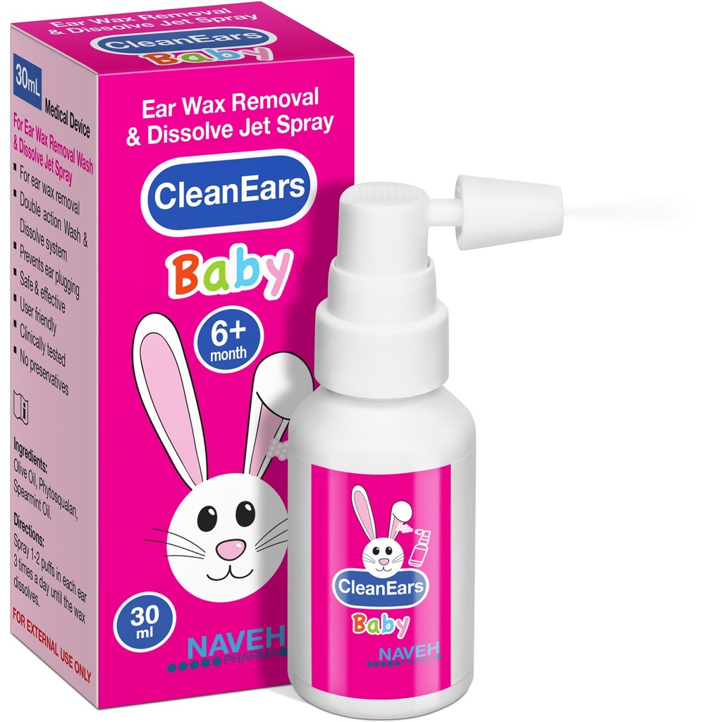 NAVEH PHARMA® CleanEars Baby Ear Wax Removal Spray — Gentle Earwax Softening for Infants & Children, Mild Non-Greasy Formula, Easy Spray Application (1 OZ)