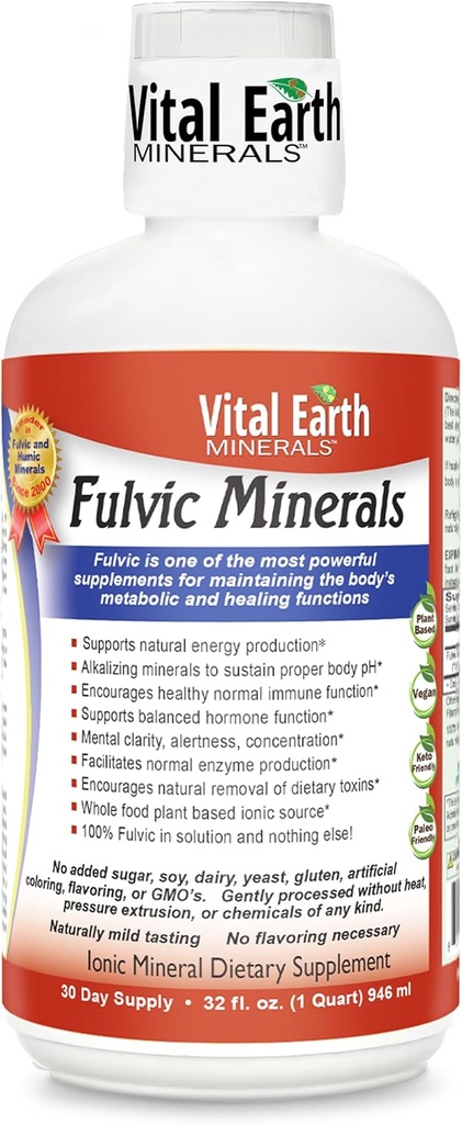 Vital Earth Minerali Fulvic Minerali Tekoči – Fulvic Acid dodatek s 70+ Trace Minerali, Elektroliti za energijo in vitalnost, 32 Oz + 1 Oz pokal