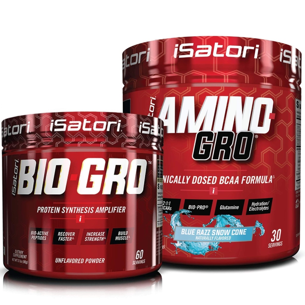 iSatori Bio-GRO Protein Synthesis Ojačevalec - nearomatiziran (60 servacij) & iSatori Amino-GRO BCAA prašek - Blue Razz Snow Cone (30 servivov)