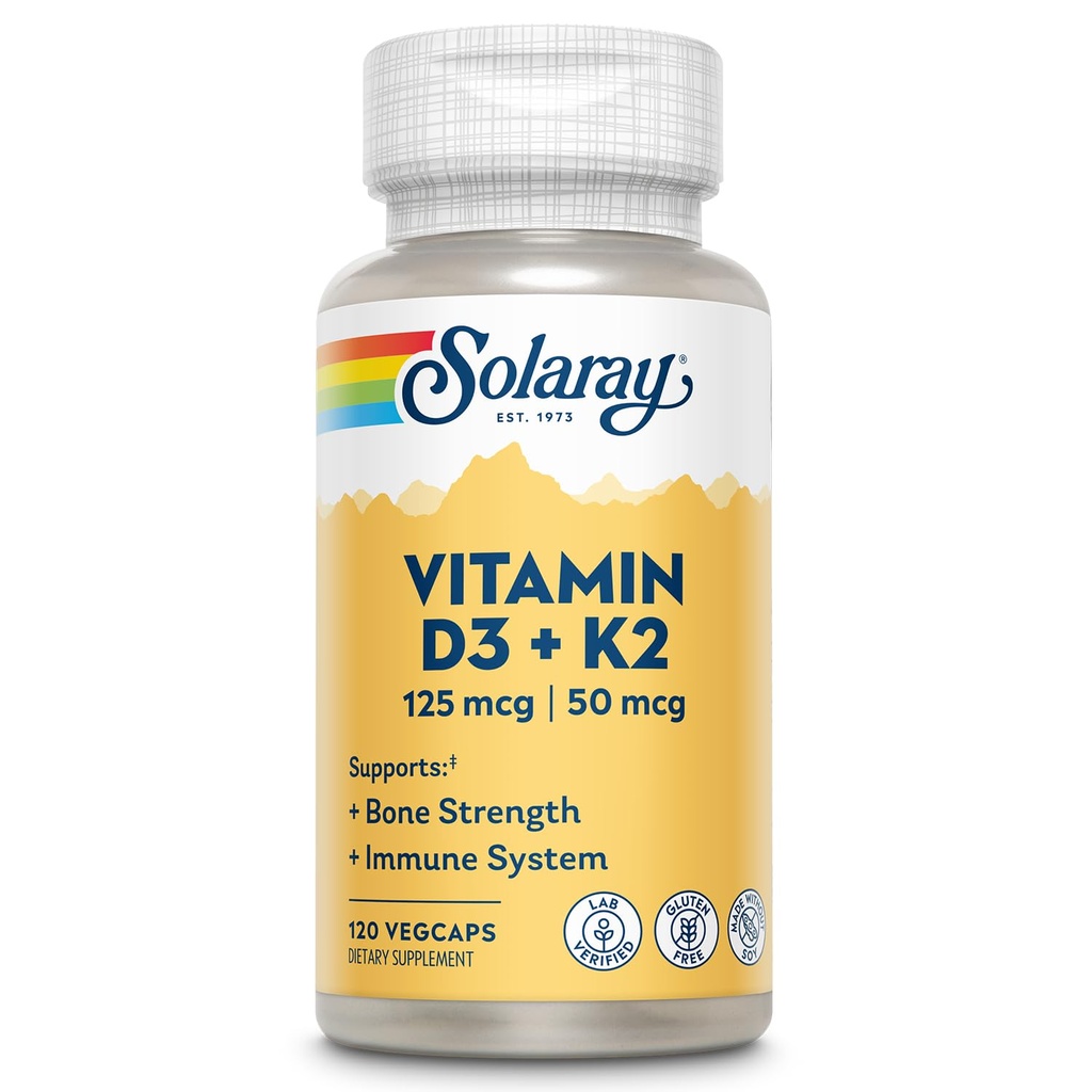Solarnay Vitamin D3 K2 - Bone Health and Immune Support - Z 5000 i.e. vitamin D kot Vit D3 in 50 μg vitamin K2 kot menokinon MK7, Made Without Soy, 60-Day garancija, 120 Serv, 120 VegCaps